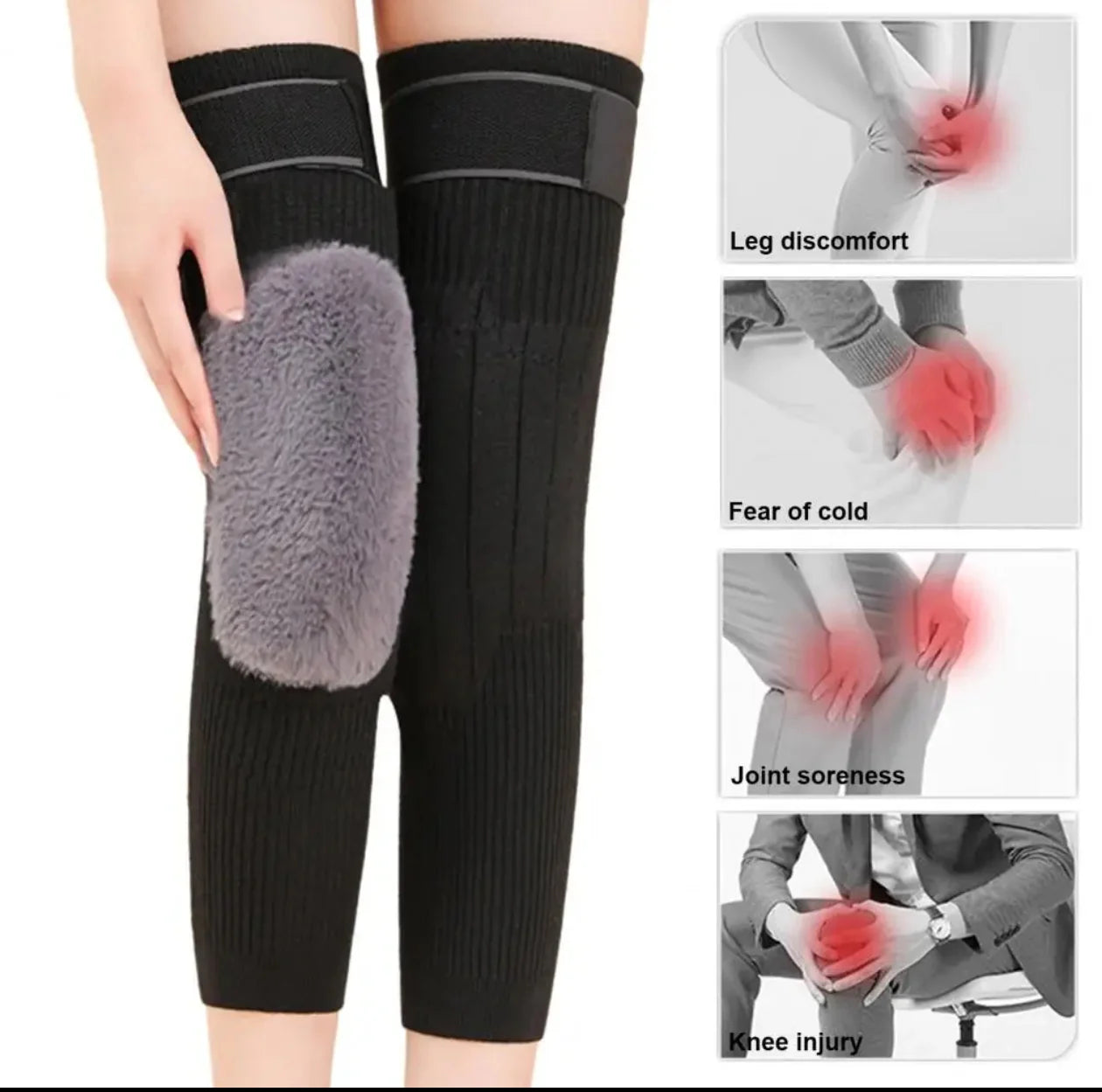 2 PCS Non-Slip Cashmere Wool Knee Pads Brace Leg Warmer with Strap Adjustable for Men & Women