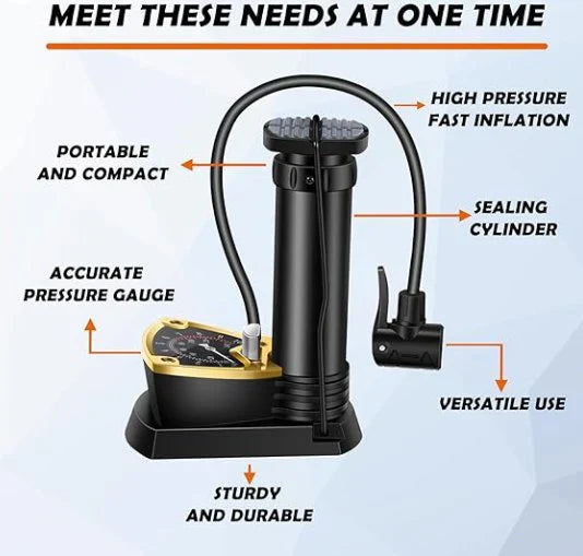 Heavy-Duty Matel Foot Pump with Pressure Gauge for Bicycle Ball Scooter Car Inflatable Mini Pump-High Pressure Foot Air Pump